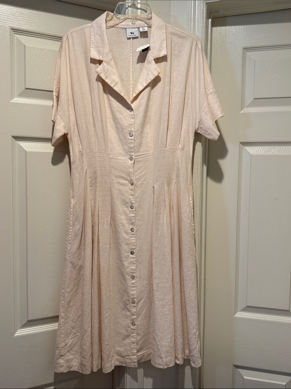 NWT Halston Blush Pink Button-Front Shirt Dress Linen Blend Pocket TradWife 8